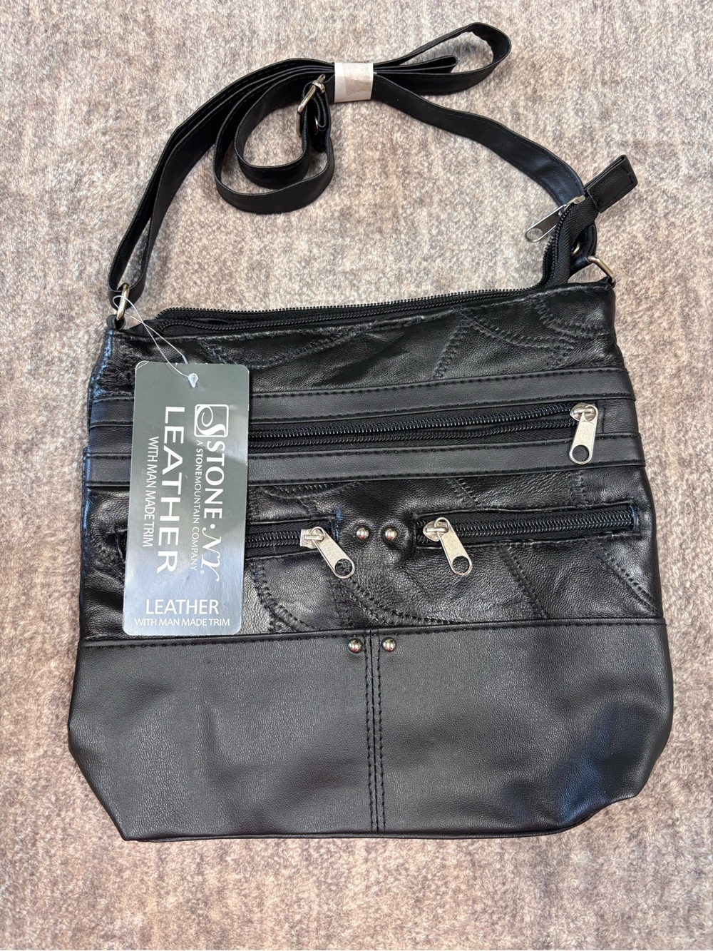 Stone Mountain Accessories Black Leather Multi-Zip Crossbody Bag